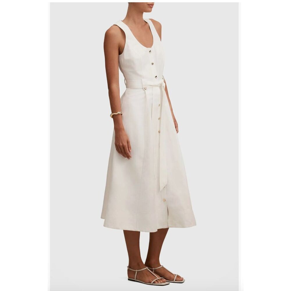$169 Ever New Linen Blend Priscilla Button Down Midi Dress in Porcelain Size 10